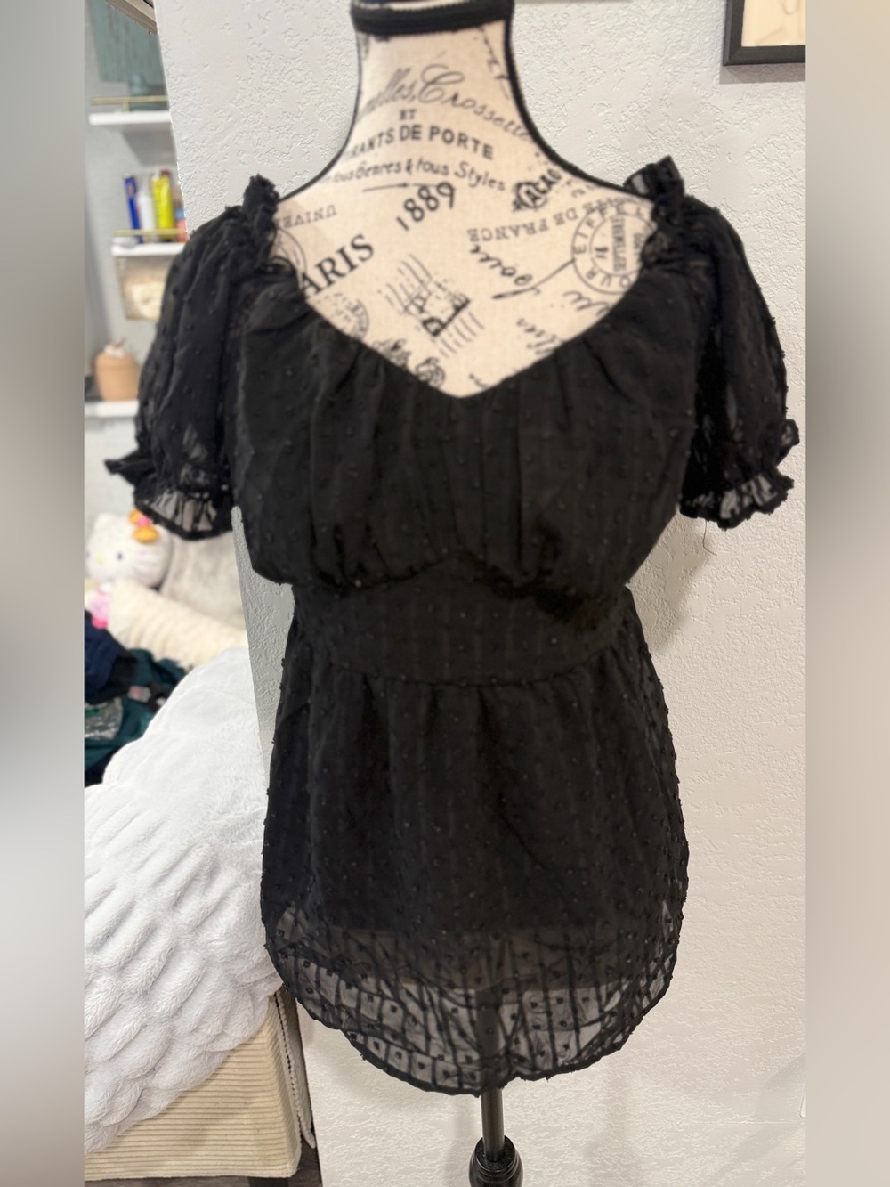 Maacie Black Swiss Dot Maternity Milkmaid Top Short Puff Sleeve Lined Medium M - Picture 2 of 9